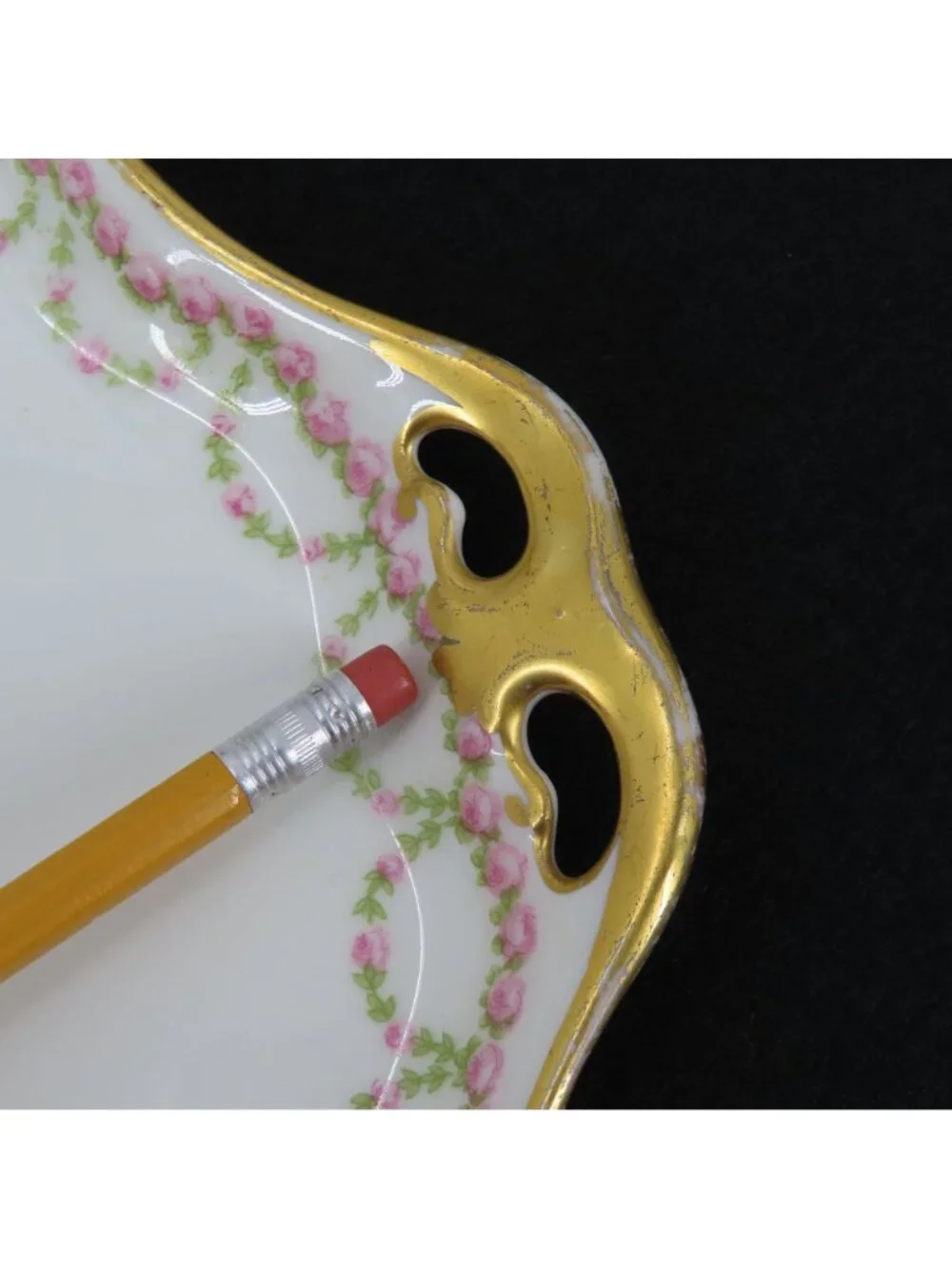 GOA Limoges Double Handle Plate 9.75in x 8.9in Pink Rose Floral Flower Swag Gold